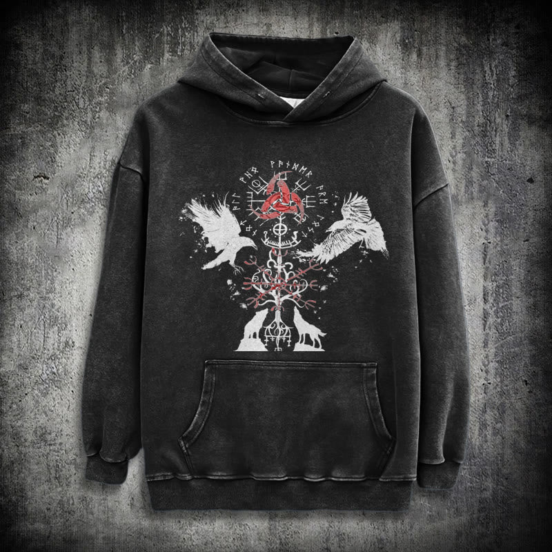 WorldNorse Vegvisir Raven Wolf Yggdrasil Gewaschener Hoodie - Schwarz - 3XL - image 0
