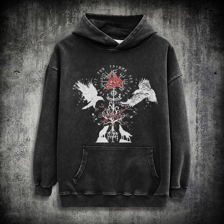 WorldNorse Vegvisir Raven Wolf Yggdrasil Gewaschener Hoodie - Schwarz - 3XL - image 0