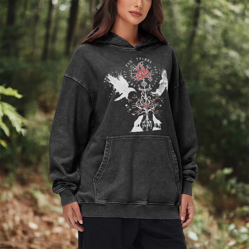 WorldNorse Vegvisir Raven Wolf Yggdrasil Gewaschener Hoodie - image 10