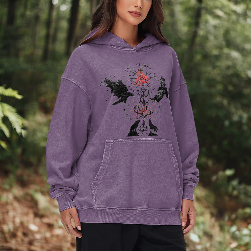 WorldNorse Vegvisir Raven Wolf Yggdrasil Gewaschener Hoodie - image 26