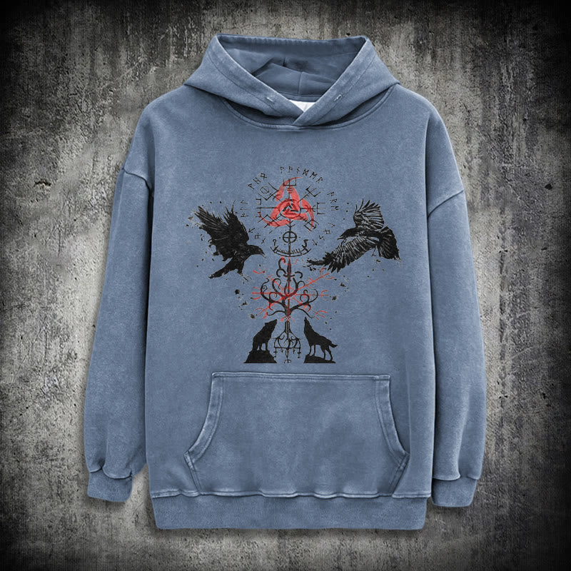 WorldNorse Vegvisir Raven Wolf Yggdrasil Gewaschener Hoodie - Blau - 3XL - image 15