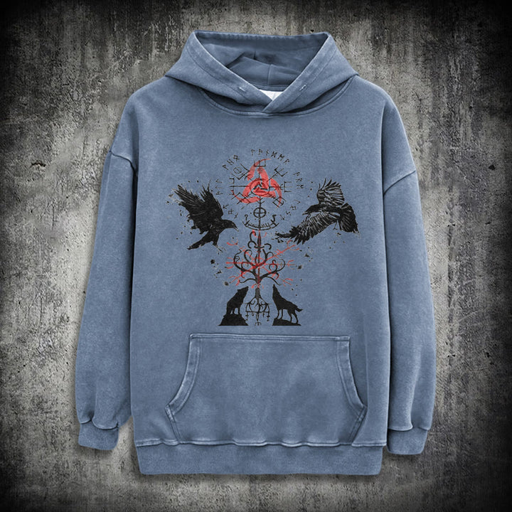 WorldNorse Vegvisir Raven Wolf Yggdrasil Gewaschener Hoodie - Blau - 3XL - image 15