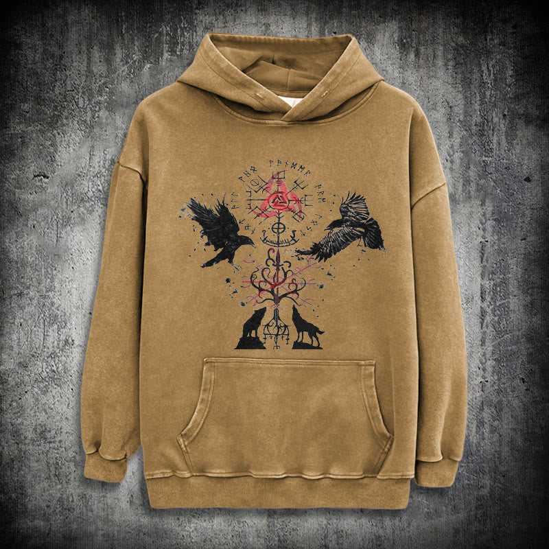 WorldNorse Vegvisir Raven Wolf Yggdrasil Gewaschener Hoodie - Khaki - 3XL - image 19