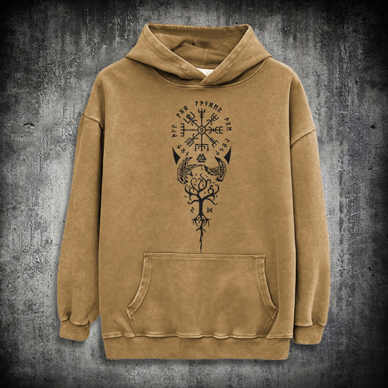 WorldNorse Valknut Vegvisir Raven Washed Hoodie - Khaki - 3XL - image 19