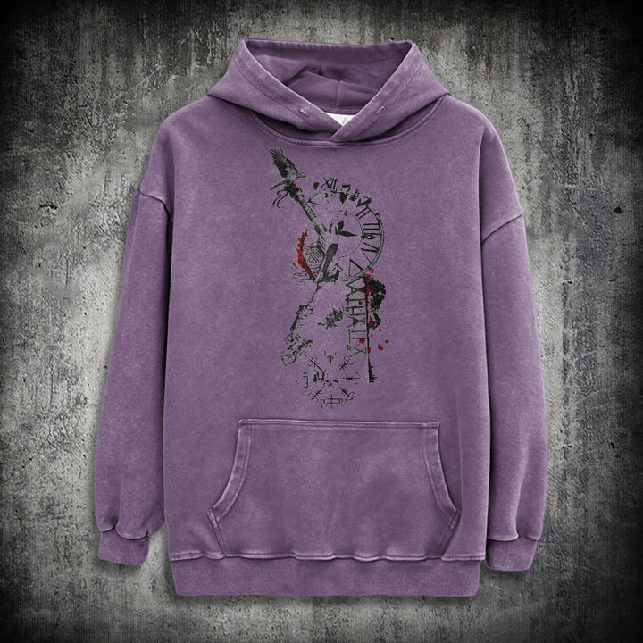 WorldNorse Clock Rune Spear Blood Splatter Washed Hoodie - Lila - 3XL - image 23