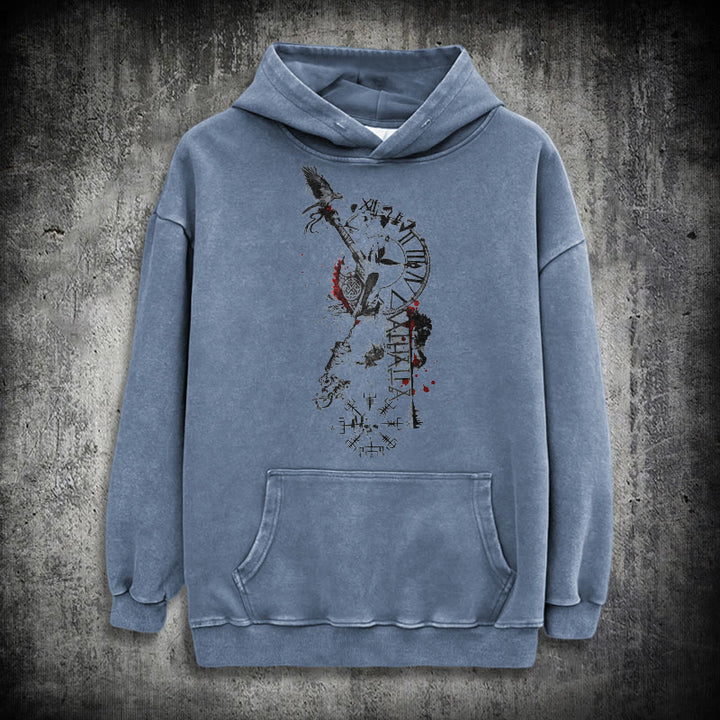 WorldNorse Clock Rune Spear Blood Splatter Washed Hoodie - Blau - 3XL - image 15
