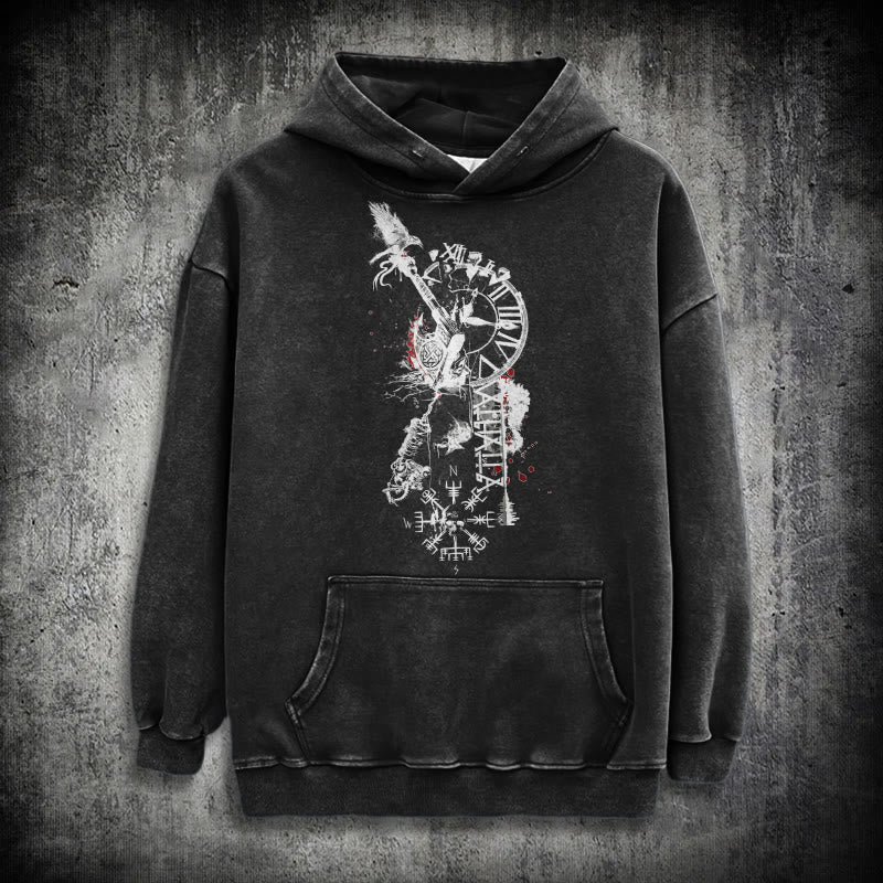 WorldNorse Clock Rune Spear Blood Splatter Washed Hoodie - Schwarz - 3XL - image 0