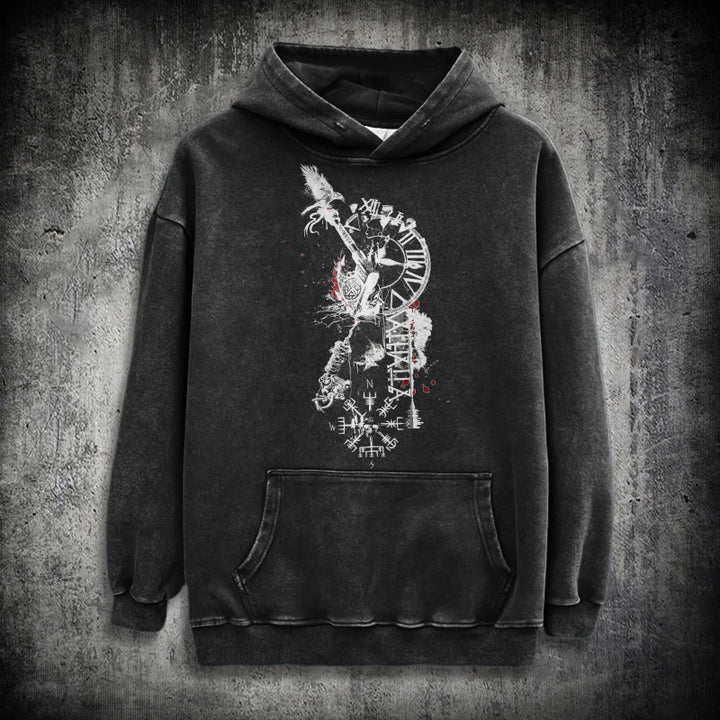 WorldNorse Clock Rune Spear Blood Splatter Washed Hoodie - Schwarz - 3XL - image 0