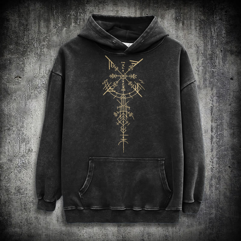 WorldNorse Gilded Rune Vegvisir Washed Hoodie - Schwarz - 3XL - image 0