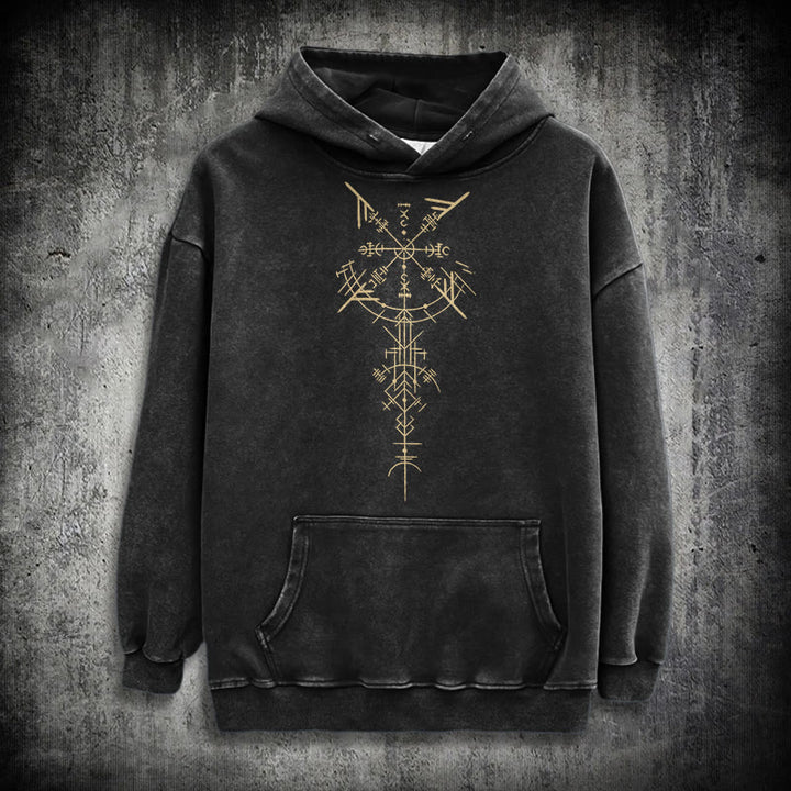 WorldNorse Gilded Rune Vegvisir Washed Hoodie - Schwarz - 3XL - image 0