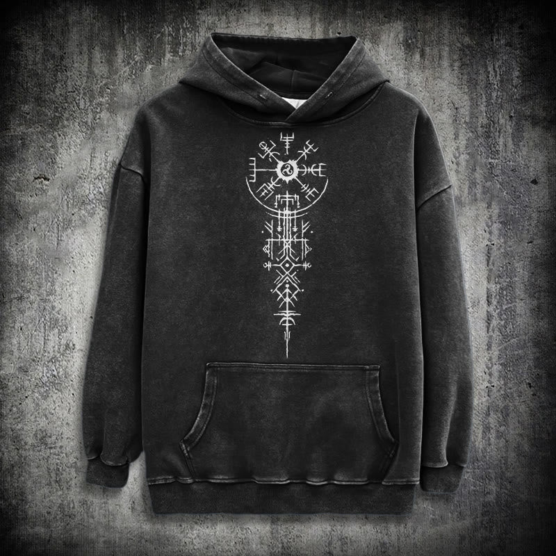 WorldNorse Ornate Rune Vegvisir Emblem Washed Hoodie - Schwarz - 3XL - image 0