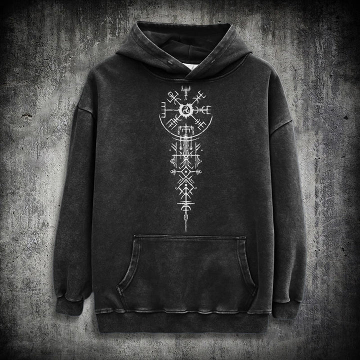 WorldNorse Ornate Rune Vegvisir Emblem Washed Hoodie - Schwarz - 3XL - image 0