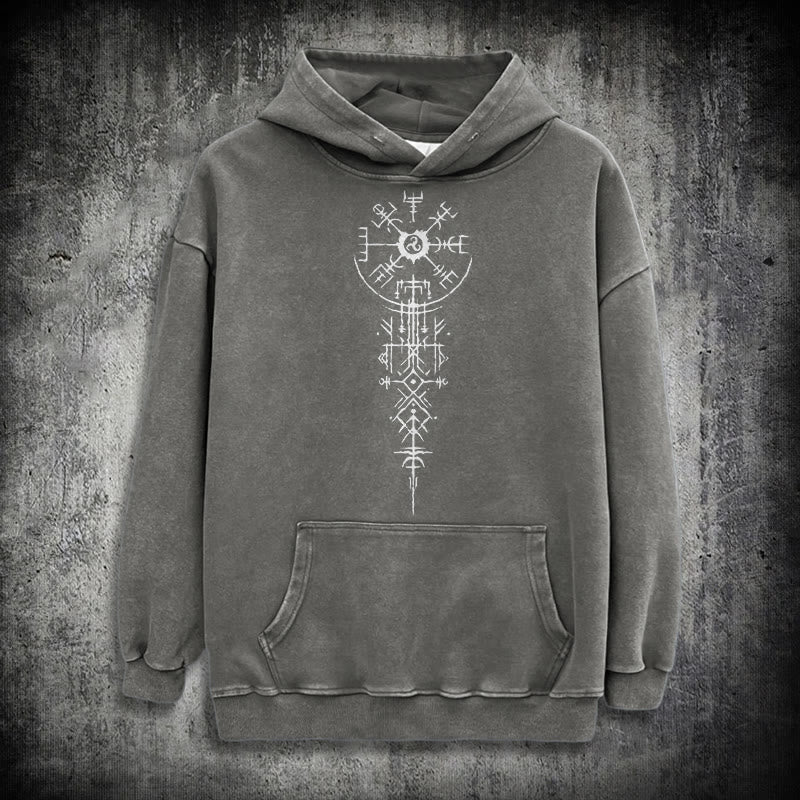 WorldNorse Ornate Rune Vegvisir Emblem Washed Hoodie - Grau - 3XL - image 12