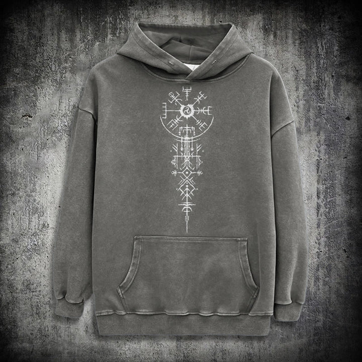 WorldNorse Ornate Rune Vegvisir Emblem Washed Hoodie - Grau - 3XL - image 12
