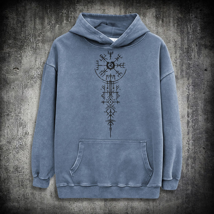 WorldNorse Ornate Rune Vegvisir Emblem Washed Hoodie - Blau - 3XL - image 15