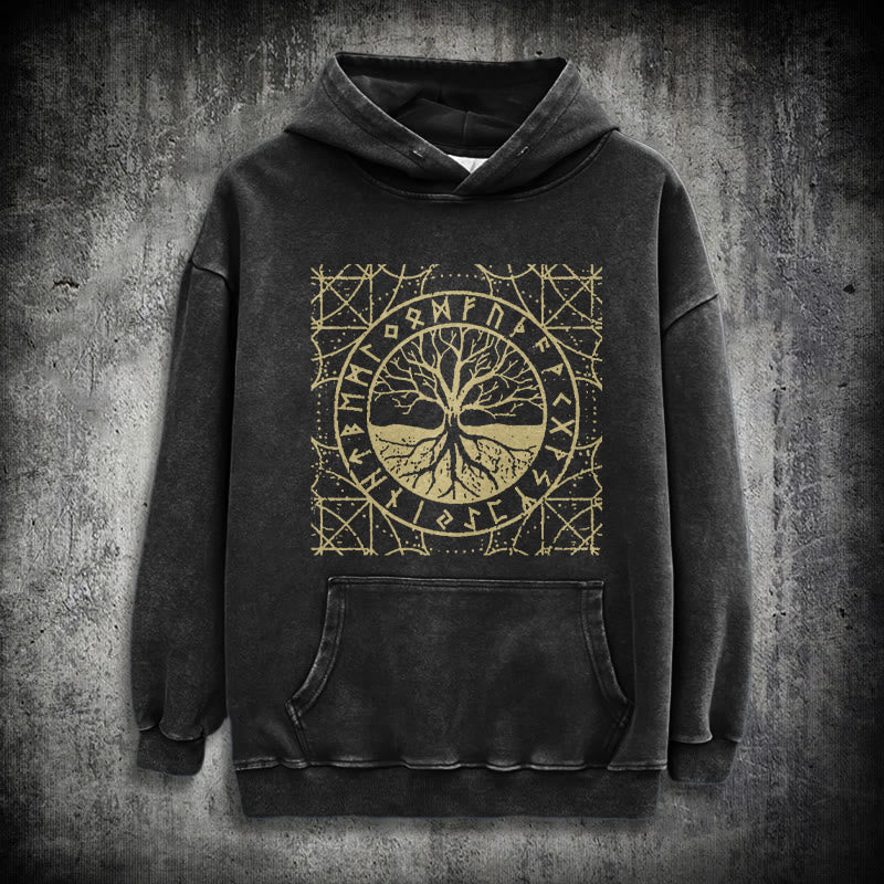 WorldNorse Golden Rune Yggdrasil Washed Hoodie - Schwarz - 3XL - image 0