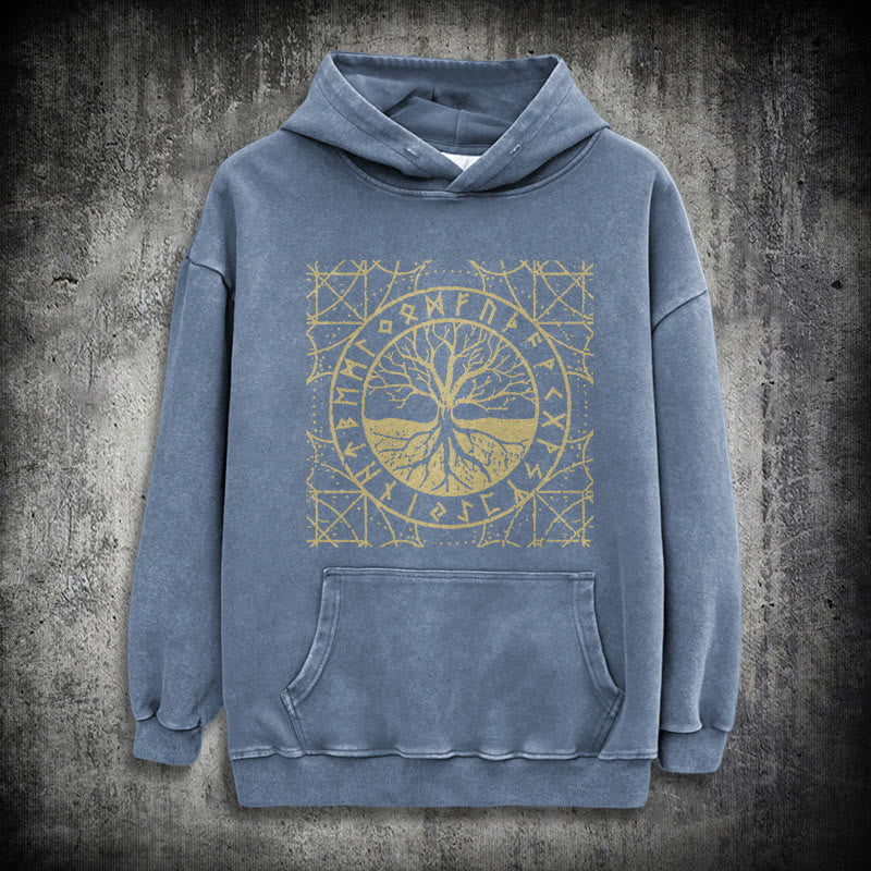 WorldNorse Golden Rune Yggdrasil Washed Hoodie - Blau - 3XL - image 15