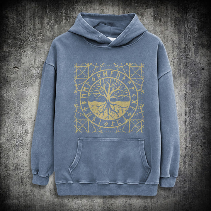 WorldNorse Golden Rune Yggdrasil Washed Hoodie - Blau - 3XL - image 15