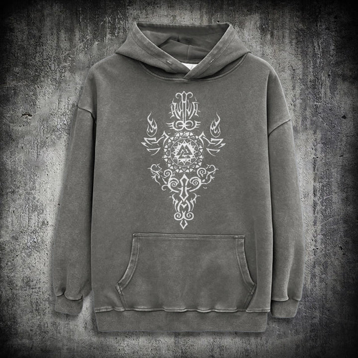 WorldNorse Valknut Flame Emblem Washed Hoodie - Grau - 3XL - image 12