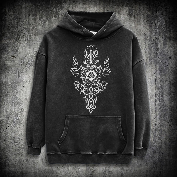 WorldNorse Valknut Flame Emblem Washed Hoodie - Schwarz - 3XL - image 0