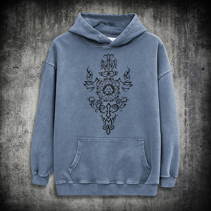 WorldNorse Valknut Flame Emblem Washed Hoodie - Blau - 3XL - image 15