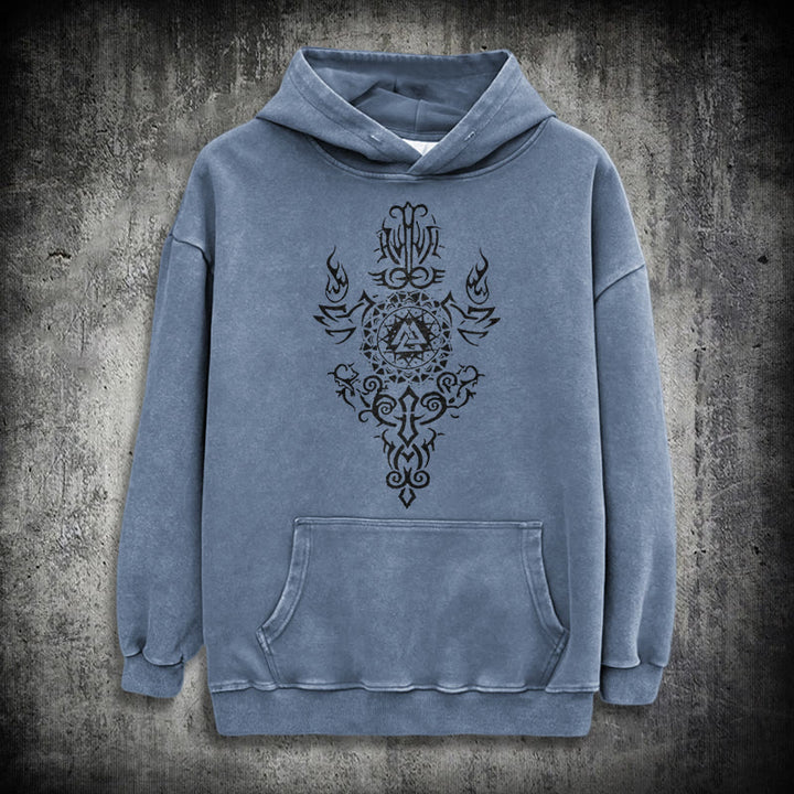 WorldNorse Valknut Flame Emblem Washed Hoodie - Blau - 3XL - image 15