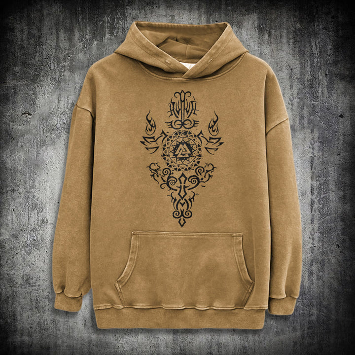 WorldNorse Valknut Flame Emblem Washed Hoodie - Khaki - 3XL - image 19
