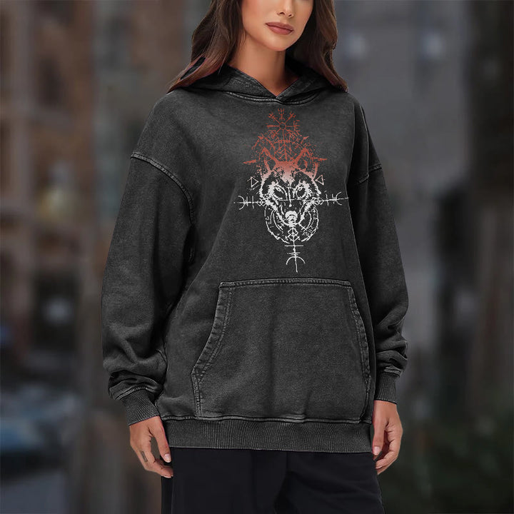 WorldNorse Red Rune Wolf Vegvisir Washed Hoodie - image 11