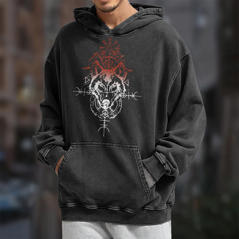 WorldNorse Red Rune Wolf Vegvisir Washed Hoodie - image 7