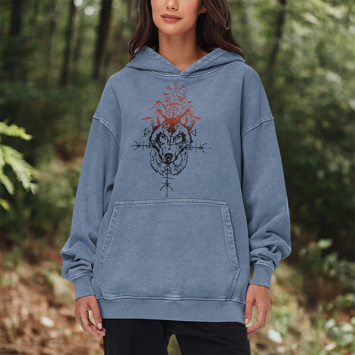 WorldNorse Red Rune Wolf Vegvisir Washed Hoodie - image 18