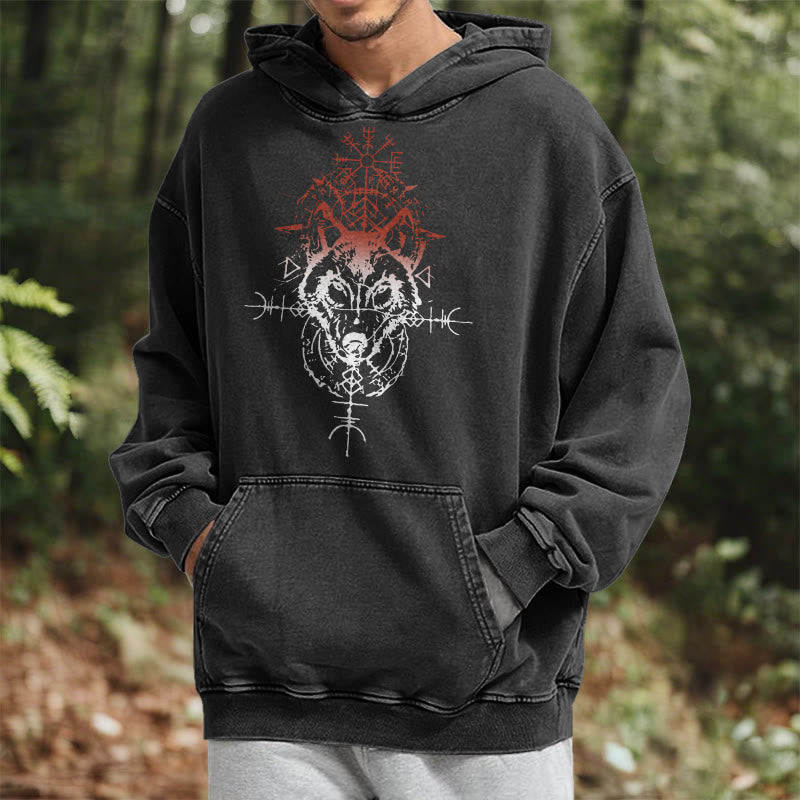 WorldNorse Red Rune Wolf Vegvisir Washed Hoodie - image 6