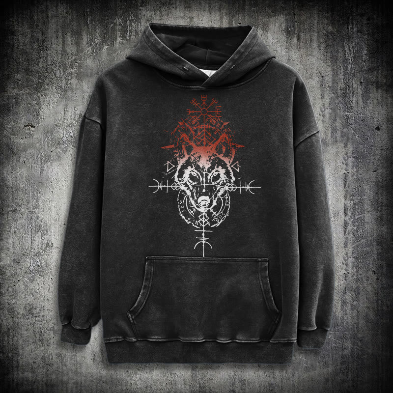 WorldNorse Red Rune Wolf Vegvisir Washed Hoodie - Schwarz - 3XL - image 0