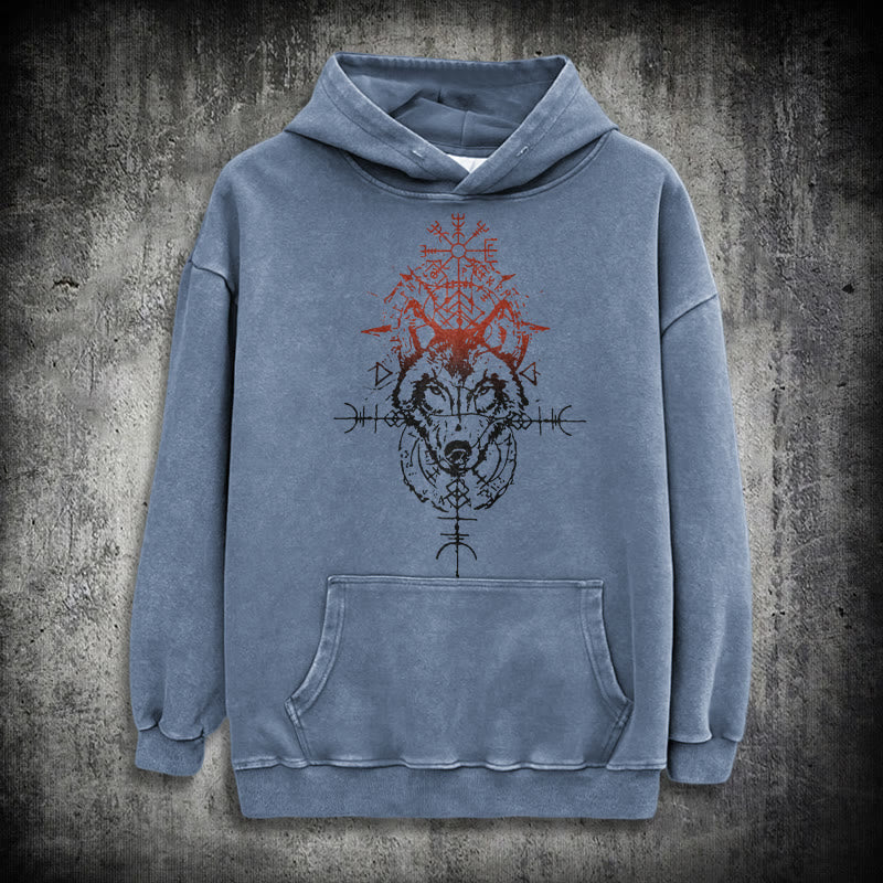 WorldNorse Red Rune Wolf Vegvisir Washed Hoodie - Blau - 3XL - image 15