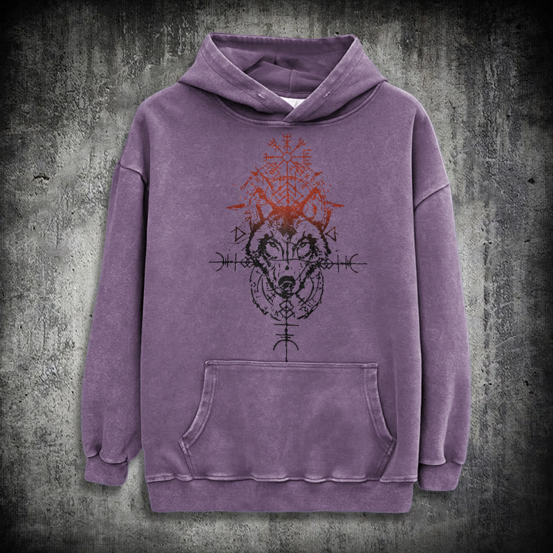 WorldNorse Red Rune Wolf Vegvisir Washed Hoodie - Lila - 3XL - image 23