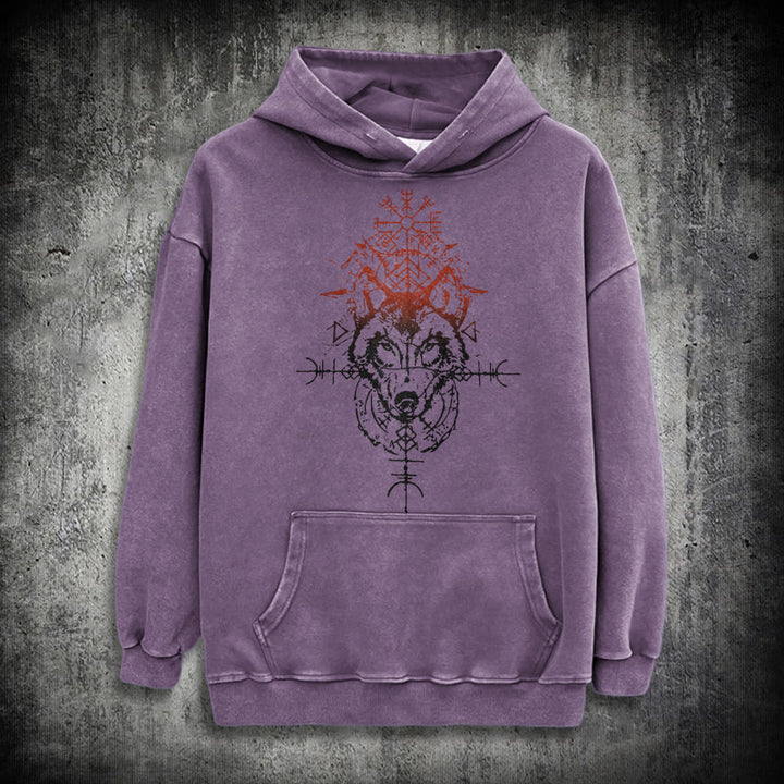 WorldNorse Red Rune Wolf Vegvisir Washed Hoodie - Lila - 3XL - image 23