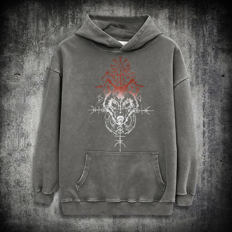 WorldNorse Red Rune Wolf Vegvisir Washed Hoodie - Grau - 3XL - image 12