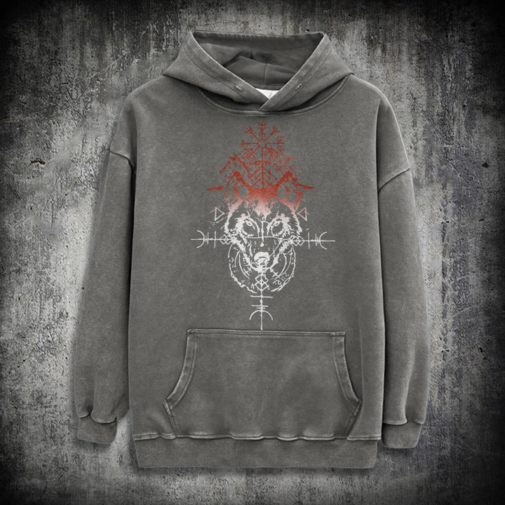 WorldNorse Red Rune Wolf Vegvisir Washed Hoodie - Grau - 3XL - image 12