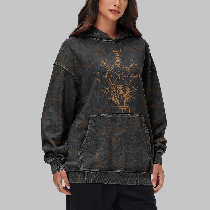 WorldNorse Bronze Rune Vegvisir Raven Washed Hoodie - image 8