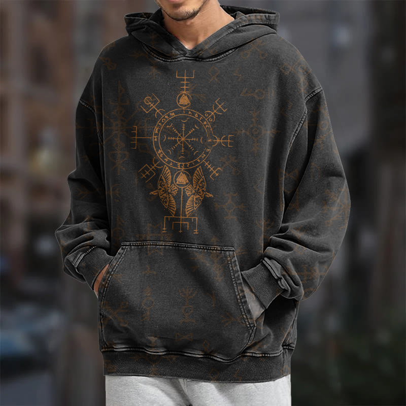 WorldNorse Bronze Rune Vegvisir Raven Washed Hoodie - image 7