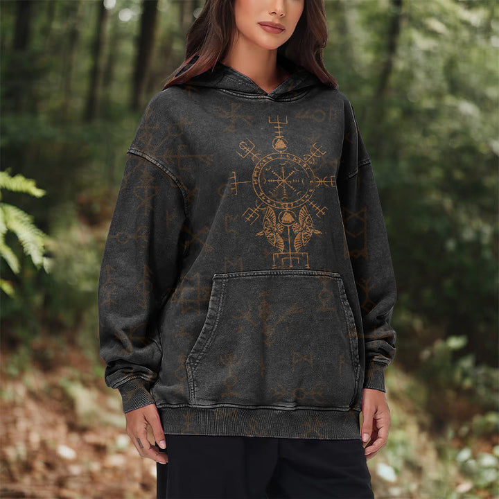 WorldNorse Bronze Rune Vegvisir Raven Washed Hoodie - image 10