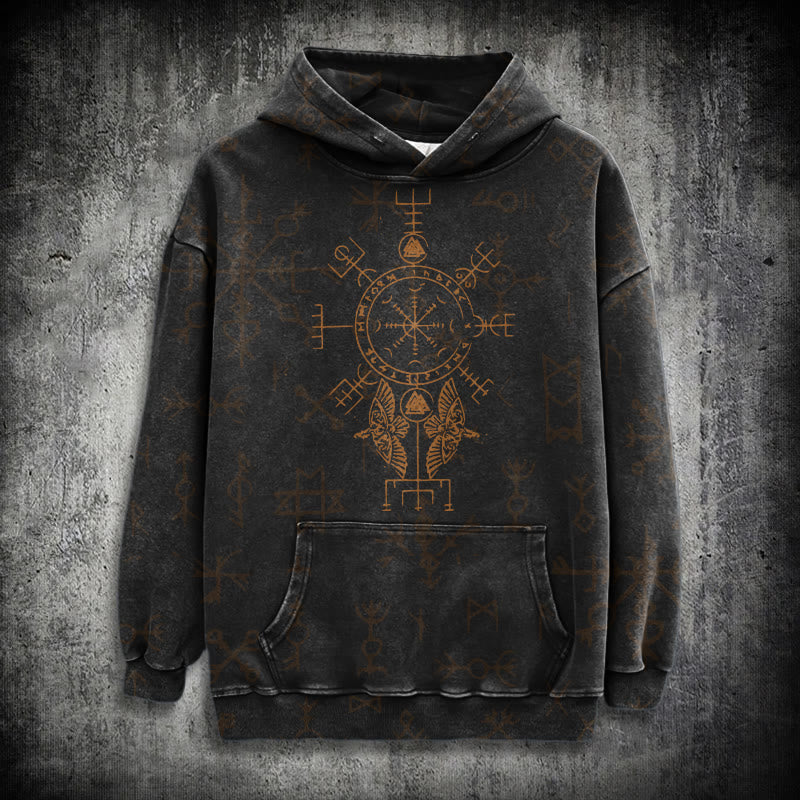 WorldNorse Bronze Rune Vegvisir Raven Washed Hoodie - Schwarz - 3XL - image 0