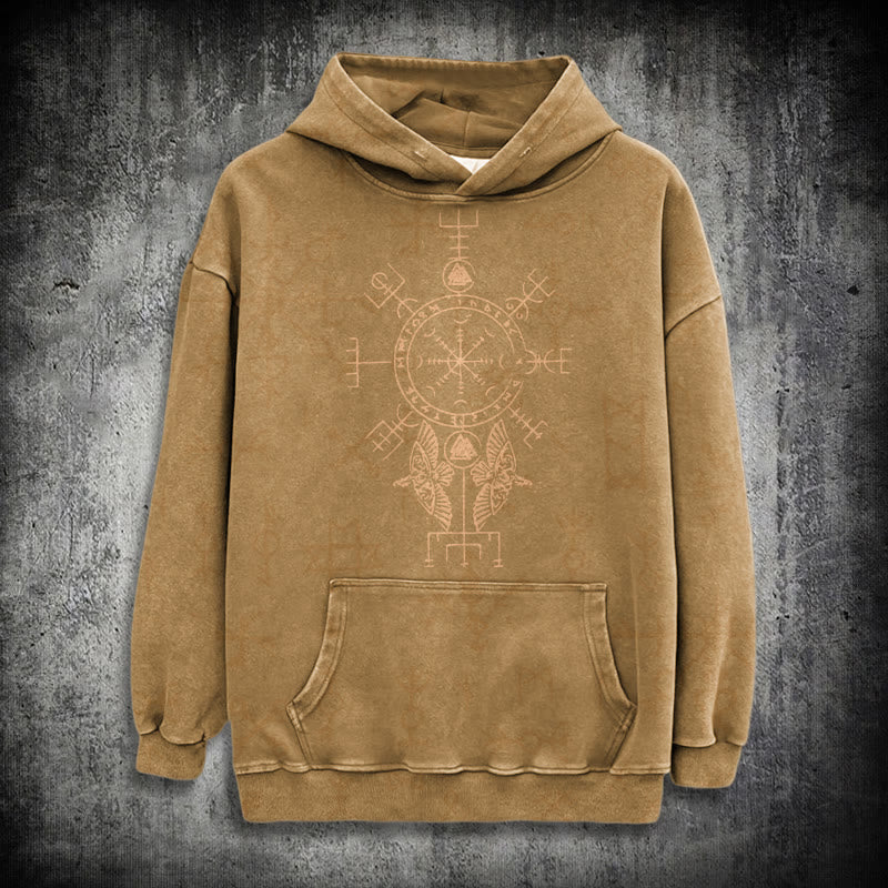 WorldNorse Bronze Rune Vegvisir Raven Washed Hoodie - Khaki - 3XL - image 19
