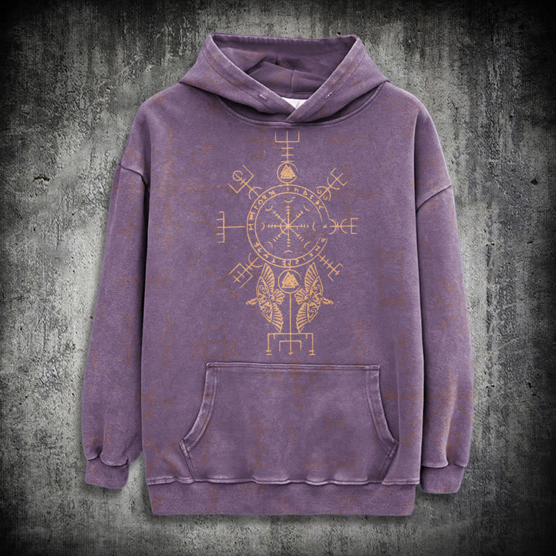 WorldNorse Bronze Rune Vegvisir Raven Washed Hoodie - Lila - 3XL - image 23