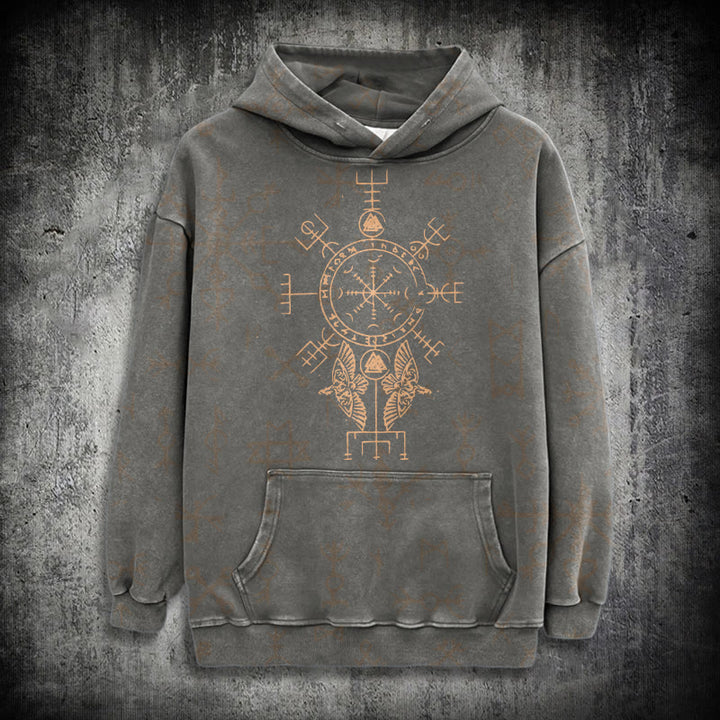 WorldNorse Bronze Rune Vegvisir Raven Washed Hoodie - Grau - 3XL - image 12