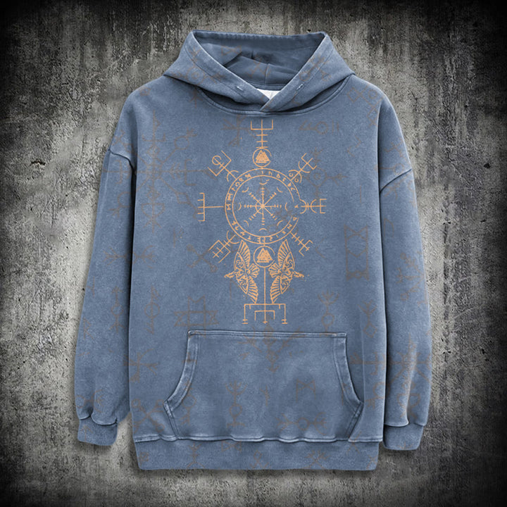 WorldNorse Bronze Rune Vegvisir Raven Washed Hoodie - Blau - 3XL - image 15