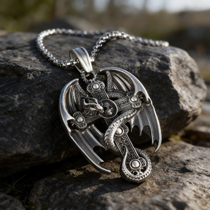 WorldNorse Geflügelter Drachenschädel Kreuz Halskette - image 1