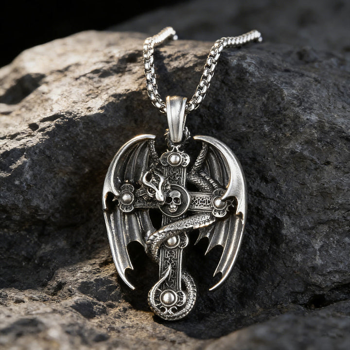 WorldNorse Geflügelter Drachenschädel Kreuz Halskette - Fliegender Drache - image 0