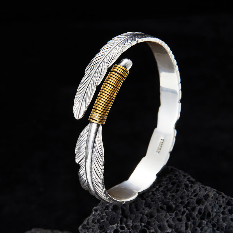 WorldNorse Handgefertigtes Armband aus 999er Silber mit gefiederter Goldwicklung und strukturierter Oberfläche - Innenumfang 16-18 cm - NEIN DANKE - image 0