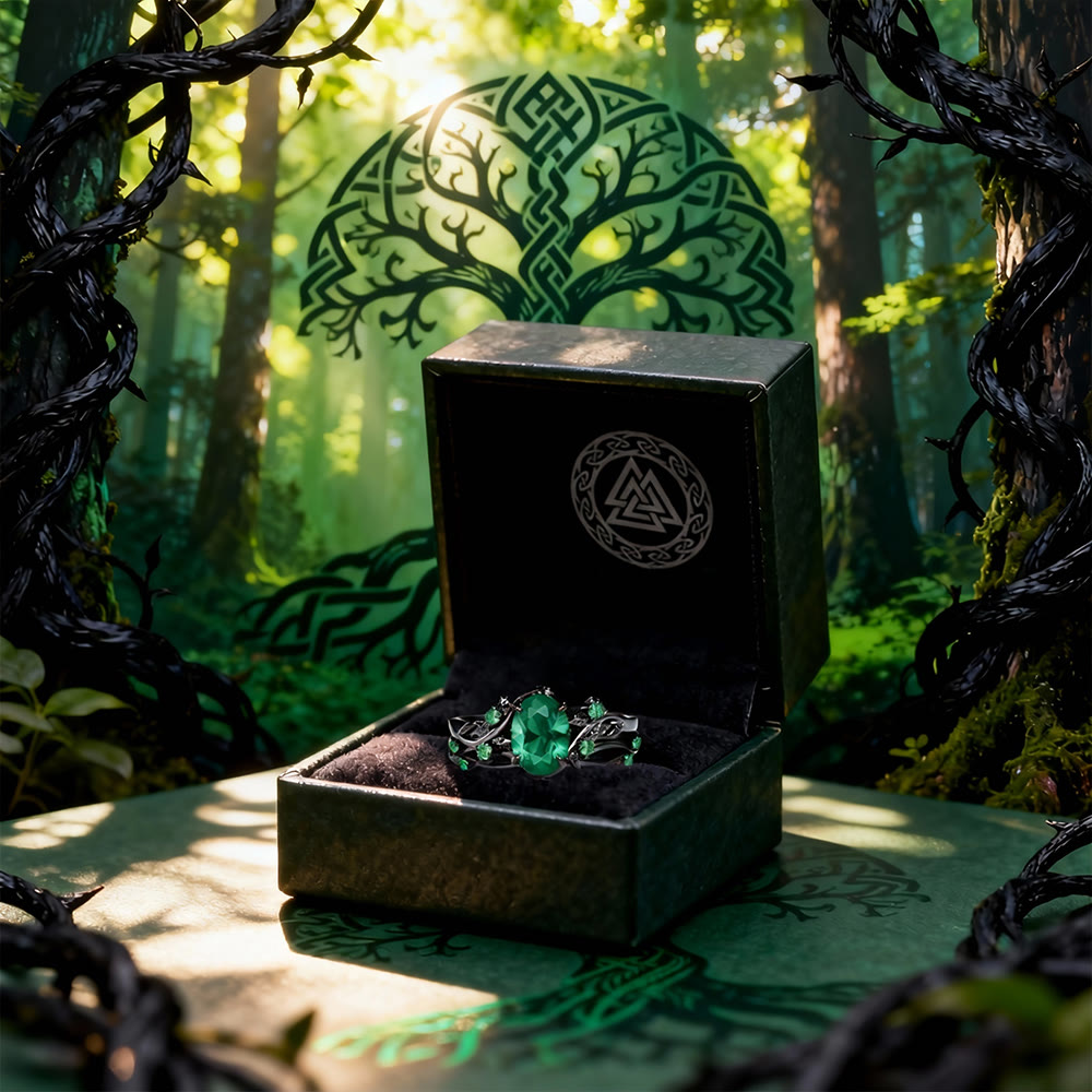 WorldNorse Yggdrasil Smaragd Schwarze Ranken Ring-Set - image 4