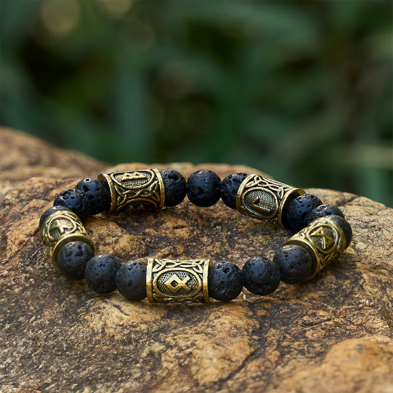 WorldNorse Rune Lava Rock Beaded Bracelet - Lava Stone#Gold - image 5